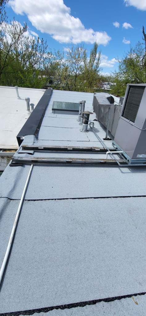 View of a flat rubber roof with gray surface, ventilation ducts, and surrounding trees under a blue sky.